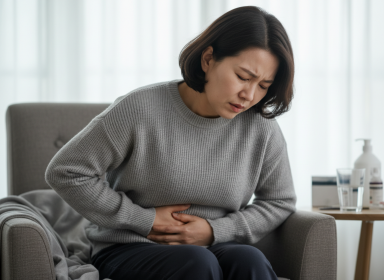 췌장암 의심 증상으로 아파하는 모습
